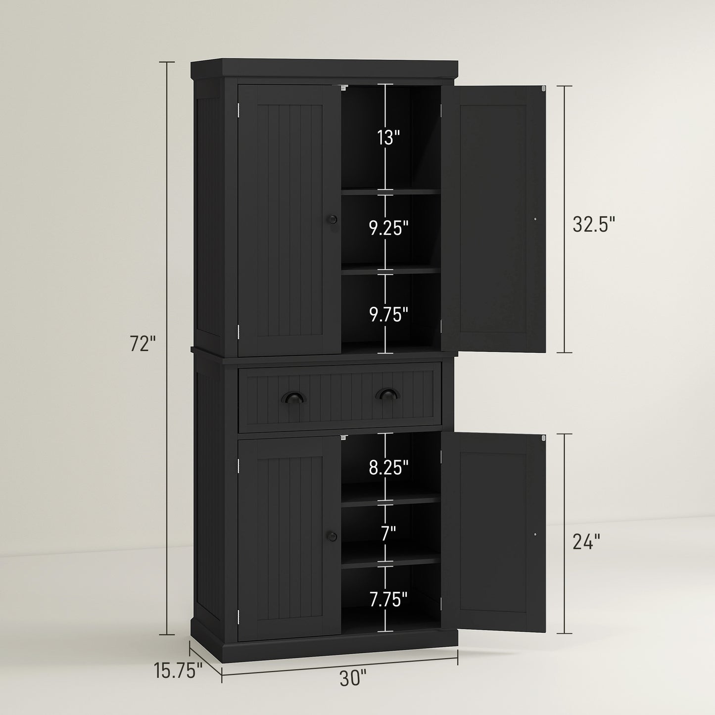 US Local 72 Kitchen Pantry Storage Cabinet, Cupboard With 4 Doors And 3 Adjustable Shelves, Large Central Drawer, Black