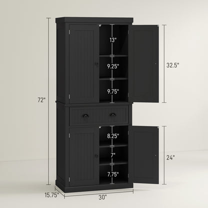 US Local 72 Kitchen Pantry Storage Cabinet, Cupboard With 4 Doors And 3 Adjustable Shelves, Large Central Drawer, Black