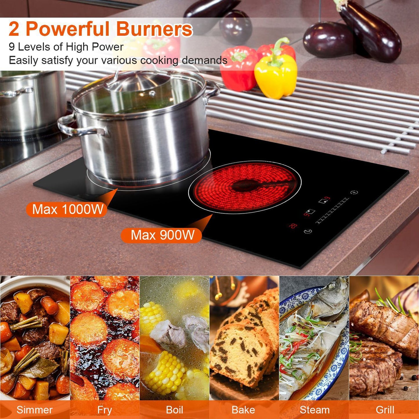 US Local 1Pc Dual Induction Burners Electric Cooktop 110V Total 1900W Electric Stove Built In Electric Ceramic Stove With Timer Setting 9 Firepower Levels Over Heating Protection