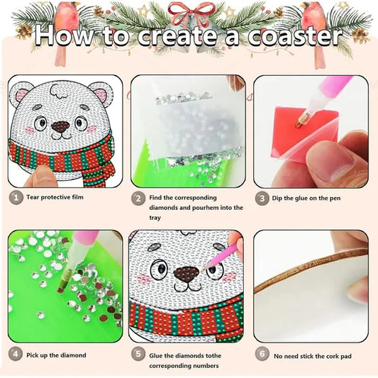 US Local 6 Packs Christmas Rhinestones Art Coasters With Holder Snowman Gingerbread Man Penguin Santa Claus Pattern Gift Non Slip Acrylic Cup Coaster 5D DIY Full Drill Rhinestones Dots Art