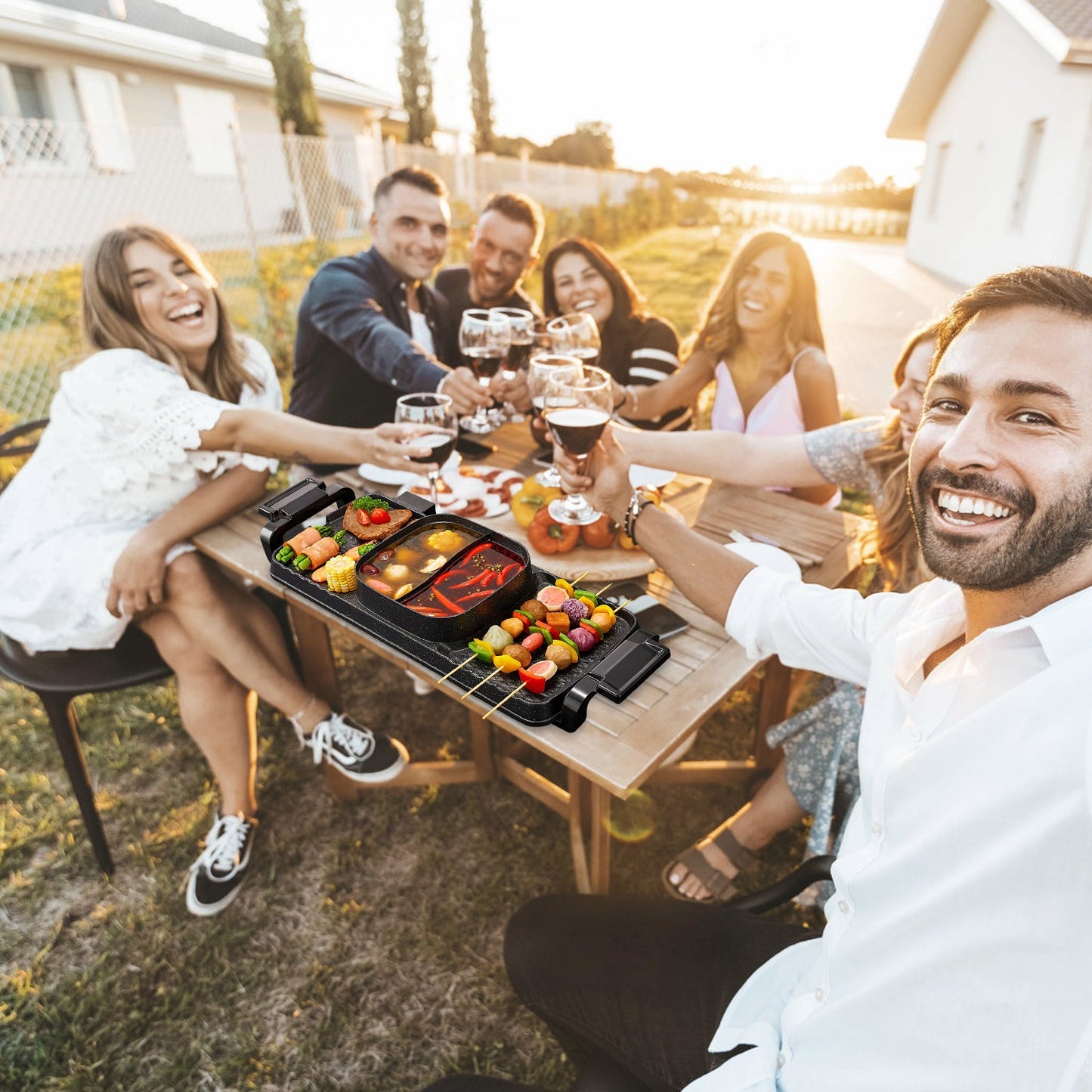 US Local 2 In 1 Electric Hot Pot With Grill 2800W Smokeless Non-Stick Korean BBQ Grill Shabu Shabu Hot Pot Combo With Independent Temperature Control 5 Gears Firepower For 3-10 People