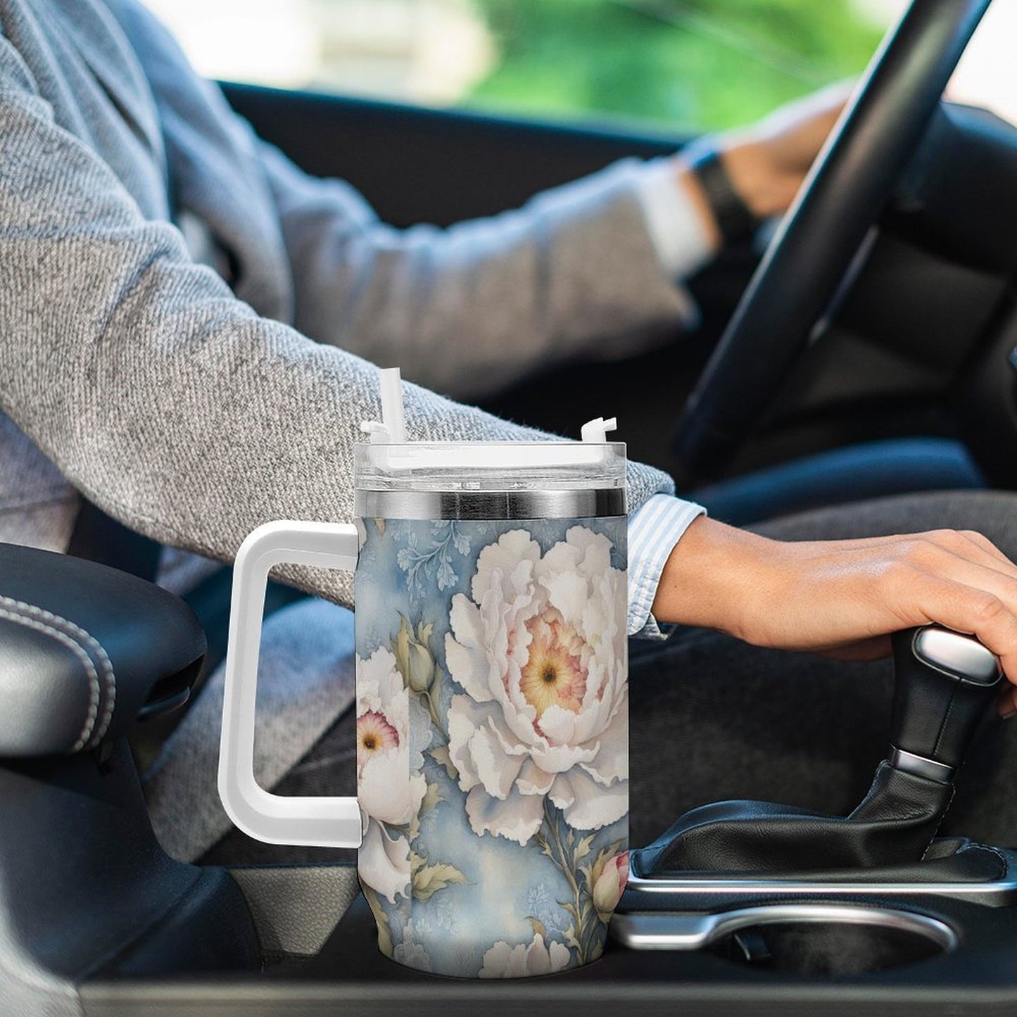 PHDT00141 POD US Local Tumbler 40 oz Large Capacity Car Cup Peony, White Blue