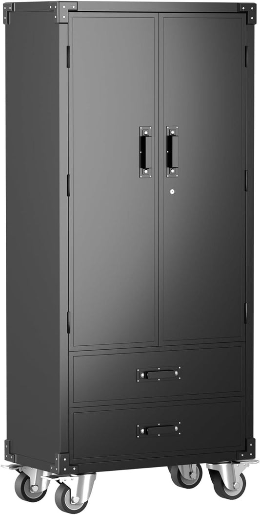 US Local Rolling Storage Cabinet With 2 Doors And 2 Drawers, Metal Storage Cabinet With Doors And Shelves, Locking Steel Cabinet For Warehouse, Home, Office Black