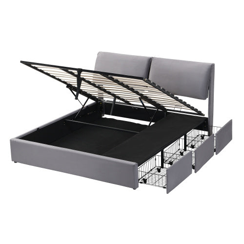 UK Local Upholstered Bed,King Size Bed-5ftm  150x200cm, Hydraulic Bed, Three Drawers, Bed Box For Storage, Slatted Frame With Headboard, Without Mattress, Velvet, Grey