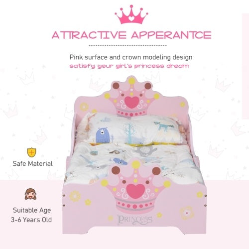 UK Local HOMCOM Kids Toddler Bed Princess Crown Theme Safety Side Rails Slats Home Bedroom Furniture Boys Girls 3-6 Yrs  143 X 73 X 60 Cm
