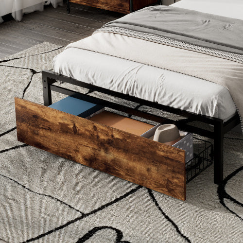 UK Local Metal Bed, 3FT Single Bed 90x190cm, With LED Light Strip And Drawer, 2 USB Port  1 Type C, Durable And Sturdy, Youth Bed, For Adults  Teenagers, Multifunctional Bed, Wrought Iron Bed, Black Walnut