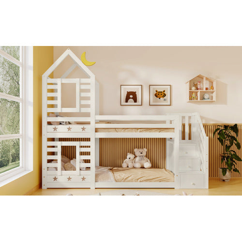 UK Local Bunk Bed Storage Children Cabin Bed Single Bed With Window For Kids, Twin Sleeper 190x90 Cm, Solid Pine Wood,3FT -White