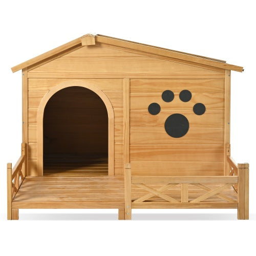 US Local 48 Wooden Dog House Outdoor With Porch, Dog Kennel With Water-Resistant Asphalt Roof And Fencing,Indoor & Outdoor Dog Crate With Paw Print, Medium, Nature