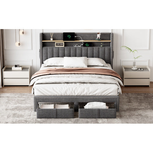 UK Local 4ft6 Double Upholstered Bed With 2 Storage Drawers, Riveted Storage Bed With Charging And Lighting, Linen Platform Bed Frame No Box Spring Needed, Easy Assembly, Grey No Mattress