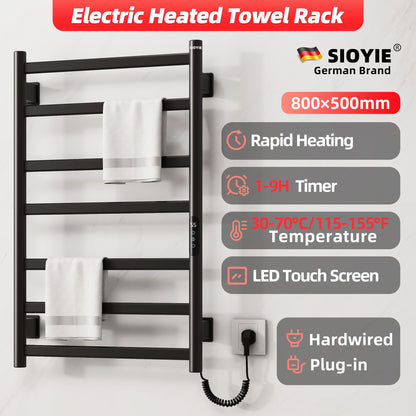 US Local SIOYIE Towel Warmer Bathroom Wall Mounted 6 Bars Electric Towel Drying, 150 W 500 800 MM Heated Towel Rack With Intelligent Touch Screen Timer And Temperature Control Black Right