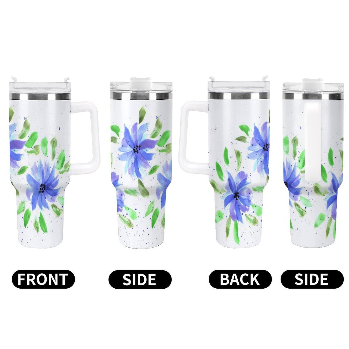 PHDT00144 POD US Local Tumbler 40 oz Large Capacity Car Cup Watercolor, Blue Flowers, Green Leaves
