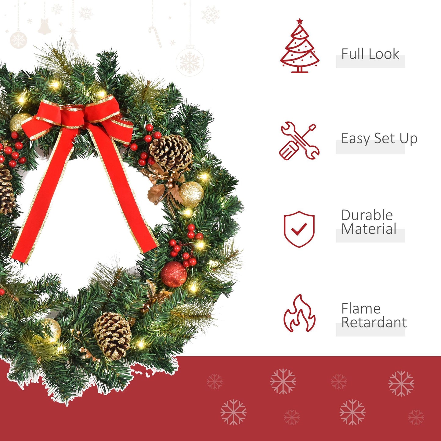 CA Local Christmas Wreath Pre-Lit Artificial Greenery Xmas Spruce Wreath Cones Red Berries 20 LED Lights Battery Operated