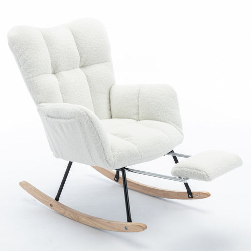 UK Local New Modern Teddy Fabric Tufted Upholstered Rocking Chair With Pull-out Footrest
