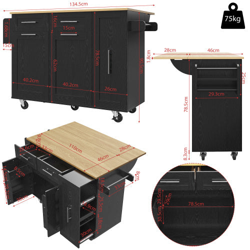 UK Local Modern Kitchen Island, Kitchen Cabinet, Buffet Cabinet, Dining Cart With Wood Grain, Dining Table With Storage Space, Dining Cart With Snack Shelves And Stretch Function Cabinets, Black