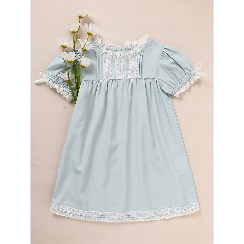 US Local Toddler Girls Dress, Summer Lace Trim Puff Short Sleeves Crew Neck Princess Party Dress