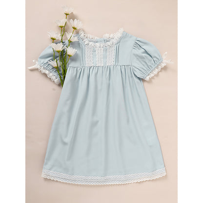 US Local Toddler Girls Dress, Summer Lace Trim Puff Short Sleeves Crew Neck Princess Party Dress
