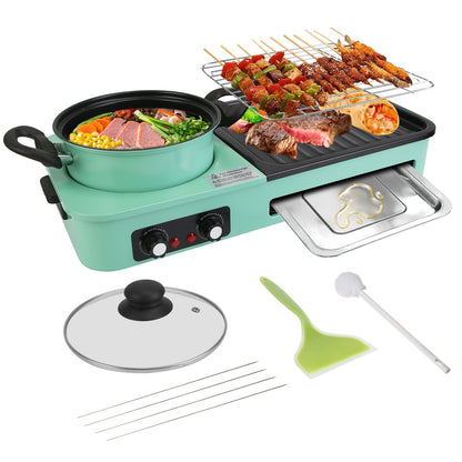 US Local 1 Pc 3 In 1 Electric Hot Pot With Grill 1600W Smokeless Non-Stick Korean BBQ Grill Shabu Shabu Hot Pot Combo With Independent Temperature Control For 3-5 People Fedex Shipping