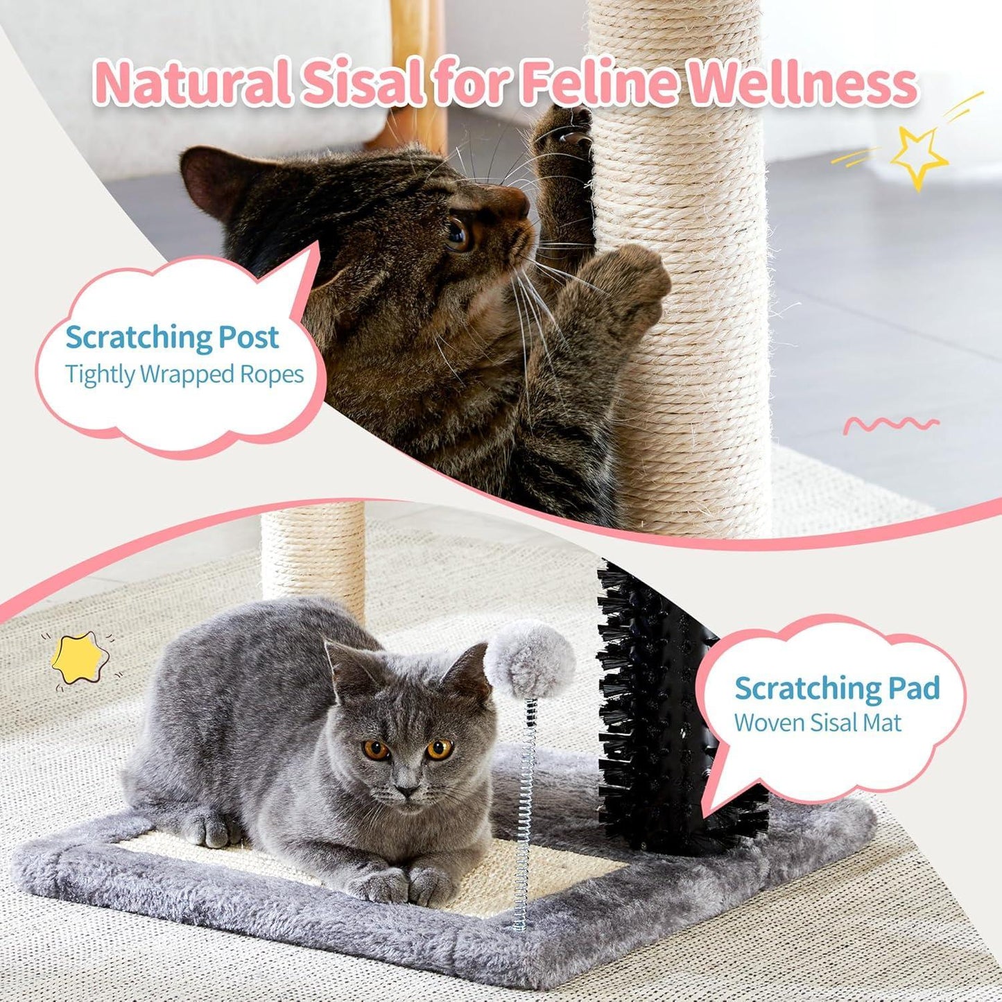 US Local Small 4-in-1 Cat Tree Tower With Self-grooming Brush And Natural Sisal Scratching Post, Soft Plush Cat Bed And Hanging Ball, Suitable For Indoor Kittens