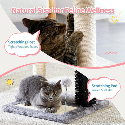 US Local Small 4-in-1 Cat Tree Tower With Self-grooming Brush And Natural Sisal Scratching Post, Soft Plush Cat Bed And Hanging Ball, Suitable For Indoor Kittens