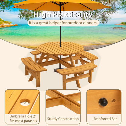 US Local 8 Person Wooden Picnic Table Outdoor Camping With 4 Built-in Benches