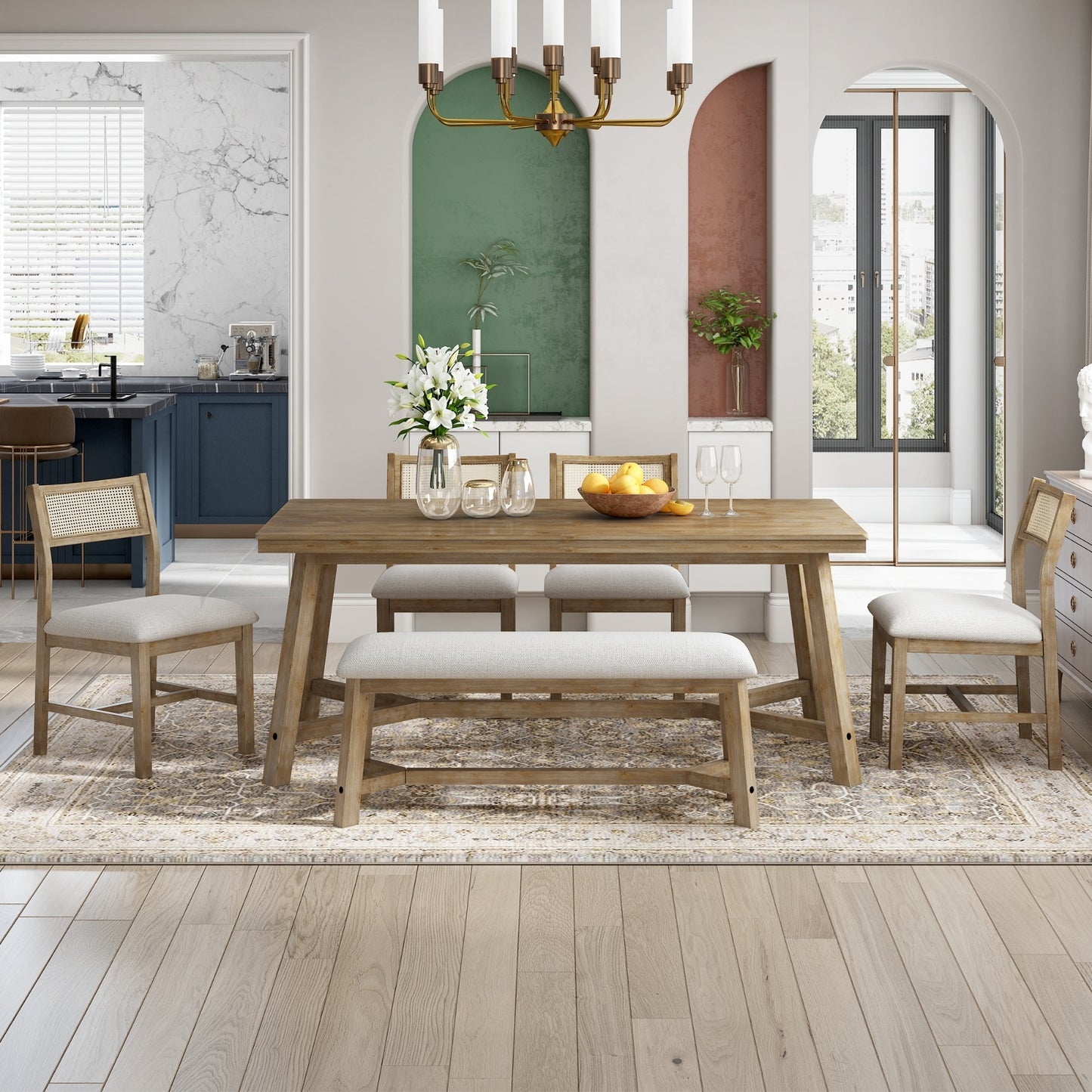 US Local TREXM 6-piece Retro Farmhouse Style Dining Set, Rectangular Table And 4 Upholstered Chairs With Ratt