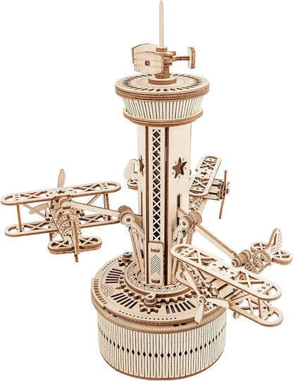 US Local Robotime Rokr 3D Wooden Puzzles For Adults DIY Musical Box Model Kit To Build Self-Assembly Building Kit Airplane- Control Tower