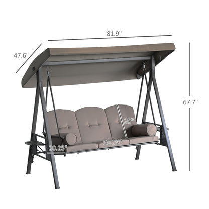 US Local Patio Swing Bench 3-Person Steel Canopy Cushioned With Side Trays Comfortable Brown