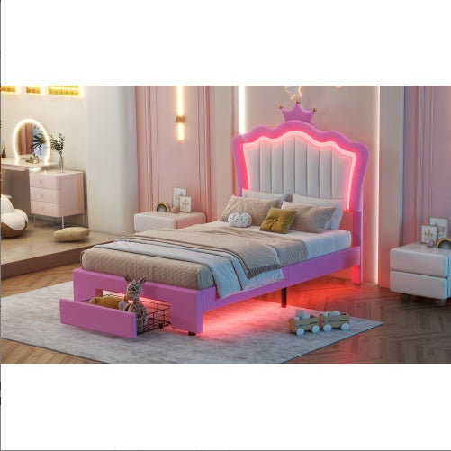 US Local Twin Size Upholstered Bed Frame With LED Lights, Modern Upholstered Princess Bed With Crown Headboard, A Drawer