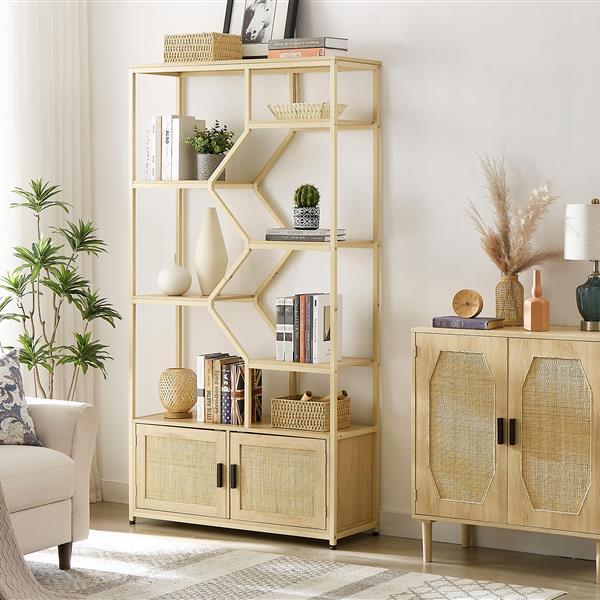 US Local Bookshelves In Rattan, 7-tier Bookcase Storage Shelves For Living Room, Home Office, Natural Color