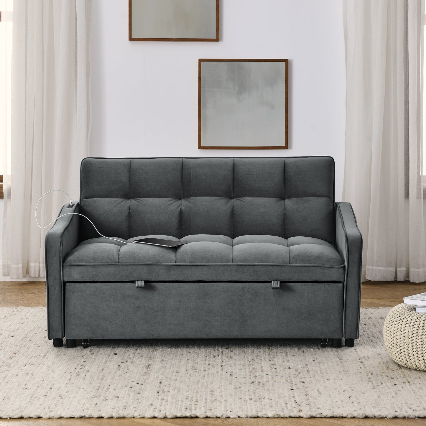 US Local Loveseat Sofa Bed Pull-out, Adjustable Back, Arm Pockets, TypeC & USB Charging