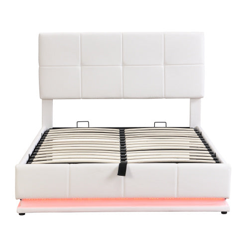 UK Local Ottoman Double Bed With LED Lighting, PU Leather Upholstered Bed With Hydraulic Storage, 4ft6 Double Bed Frame With Adjustable Square Tufted Headboard, Cream White