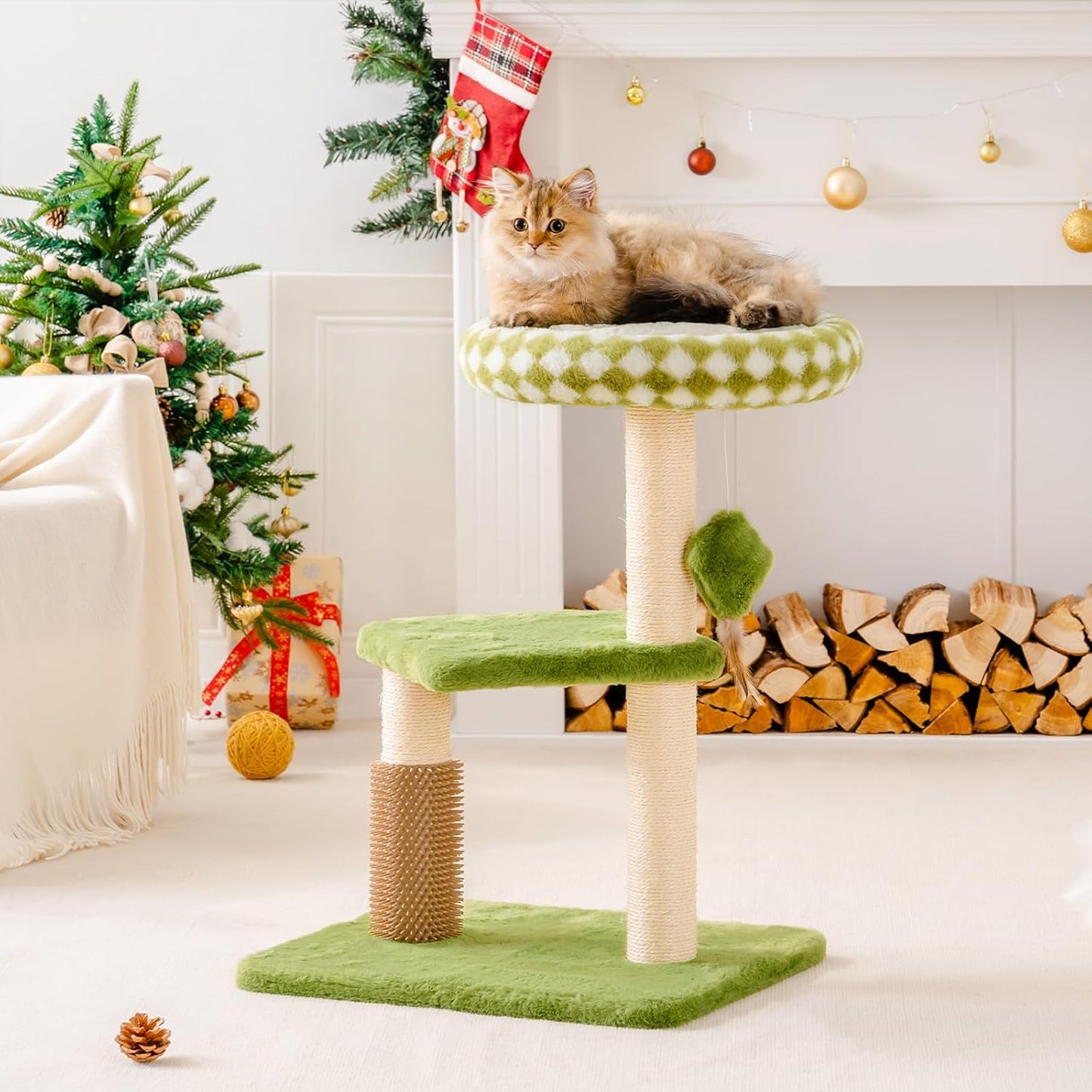 US Local Mewoo Large Cat Tree Tower For Adult Cats - Multi-Level Scratching Post With Removable Perch & Interactive Toys, Indoor Cat Furniture For Kittens Green