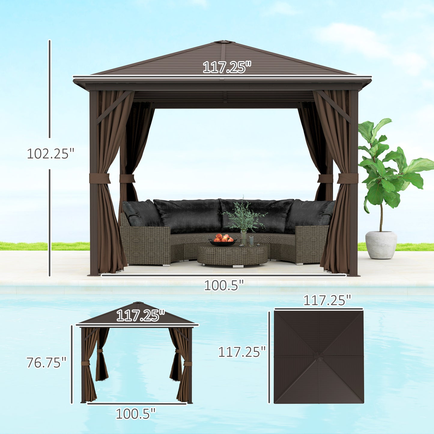 US Local 10x10 Hardtop Gazebo Canopy, Permanent Pavilion With Hook, Curtains, Aluminum Frame For Patio, Garden, Dark Brown