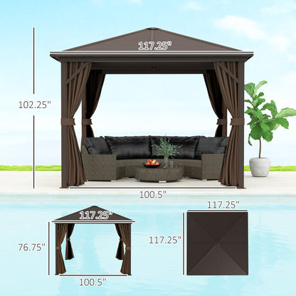 US Local 10x10 Hardtop Gazebo Canopy, Permanent Pavilion With Hook, Curtains, Aluminum Frame For Patio, Garden, Dark Brown