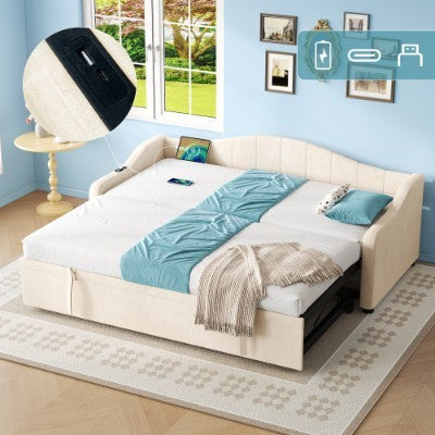 UK Local Upholstered Bed 90x190cm, Daybed, Sofa Bed With Charging Station, 3ft Single Velvet Bed With USB And Type - C Ports, Pull Out Trundle Bed For Living Room Bedroom Study Room, Beige No Mattress