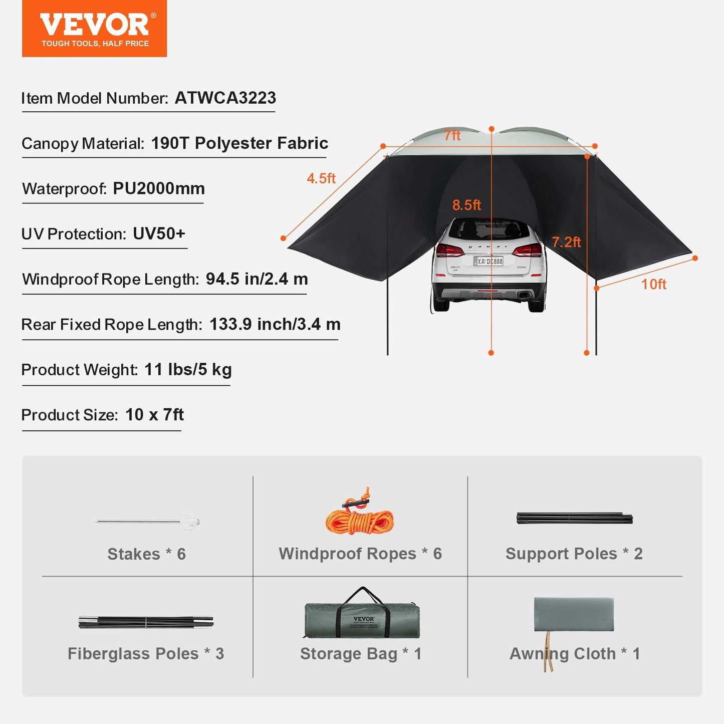 US Local VEVOR Vehicle Awning, Large Shade Coverage Car Side Awning, PU2000mm UV50  Car Awning With Extended Side Canopies And Portable Storage Bag, Suitable For Truck, SUV, Van, Campers