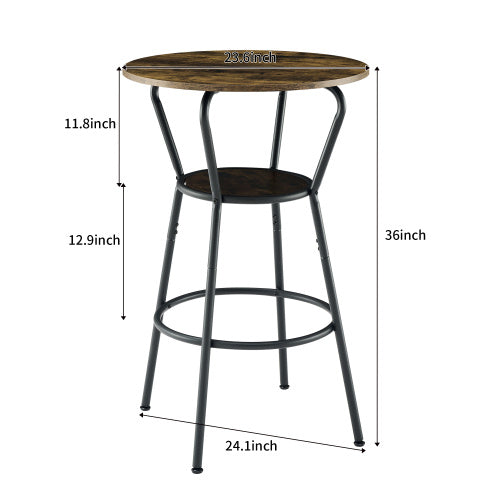 US Local Round Bar Table And Stool Set With Shelf, Upholstered Stool With Backrest, Rustic Brown