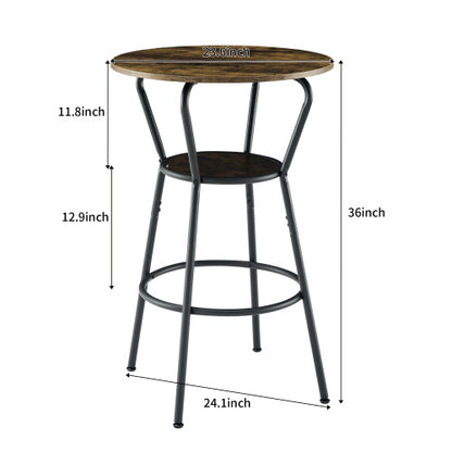 US Local Round Bar Table And Stool Set With Shelf, Upholstered Stool With Backrest, Rustic Brown