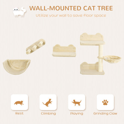 US Local PawHut Cat Wall Shelves, 4 Pcs Cat Wall Furniture Cat Climbing Shelf With Cat Hammock, 3 Steps, Perches, Scratching Post, For Sleeping, Playing, Beige