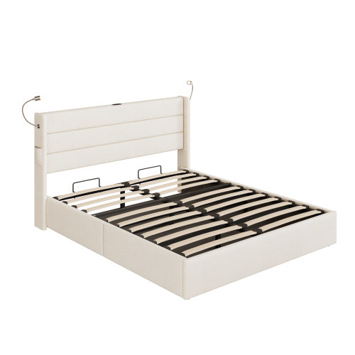 UK Local King Upholstered Bed With Charging Station, Linen Hydraulic Storage Bed With Adjustable LED Reading Light, 5ft Double Bed Frame With USB And Type  C Ports, No Box Spring Needed, Beige