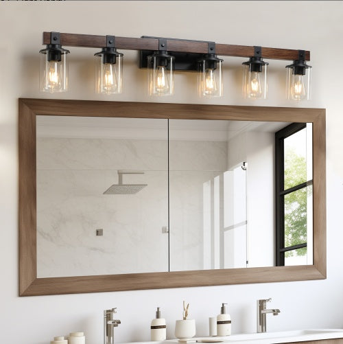 US Local 42 Rustic 6-Light Vanity Light, Industrial Bathroom Wall Sconce With Glass Shades And Wood Accent, Modern Farmhouse Lighting Fixture No Bulbs