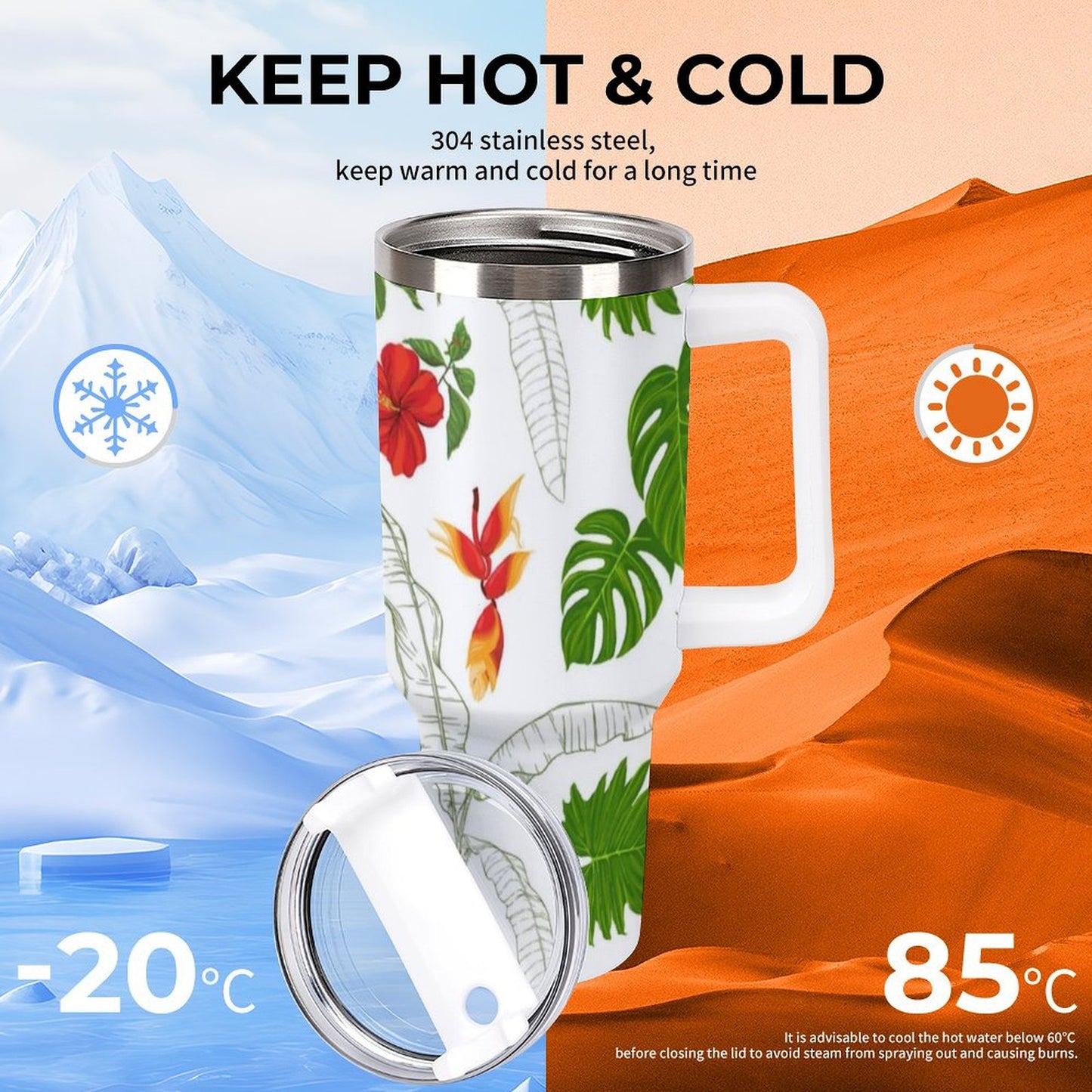 PHDT00219 POD US Local Tumbler 40oz Large Capacity Car Cup Tropical, Flower, Leaf