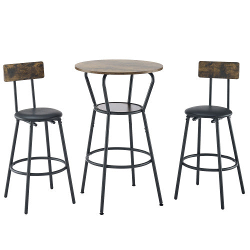 US Local Round Bar Table And Stool Set With Shelf, Upholstered Stool With Backrest, Rustic Brown