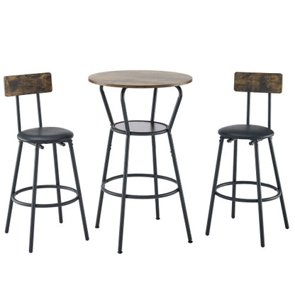 US Local Round Bar Table And Stool Set With Shelf, Upholstered Stool With Backrest, Rustic Brown