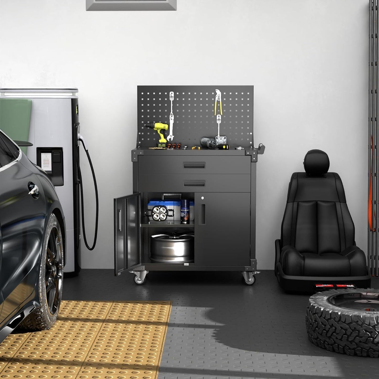 US Local Black Tool Cart With Pegboard And 4 Hooks,Garage Storage Cabinet On Wheels With 2 Drawer,Industrial Service Utility Tool Cart For Mechanics, Garage, Workshop