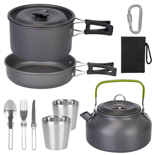 US Local 12Pcs Camping Cookware Set Aluminum Pot Pan Kettle Cup Fork Spoon Knife With Storage Bags For Hiking Picnic Outdoor