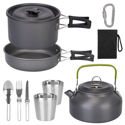 US Local 12Pcs Camping Cookware Set Aluminum Pot Pan Kettle Cup Fork Spoon Knife With Storage Bags For Hiking Picnic Outdoor