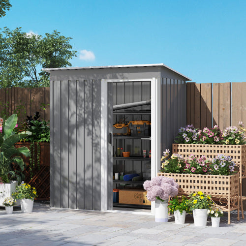 UK Local Outsunny 5 X 3ft Garden Storage Shed With Sliding Door And Sloped Roof Outdoor Equipment Tool, Light Grey