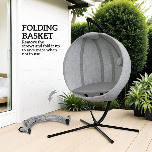 UK Local Outsunny Hanging Egg Chair Outdoor Indoor Garden Swing Chair With Folding Basket, Garden Hanging Chair With Stand, Thickened Cushion, Cup Holder For Patio, Balcony