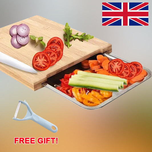 UK Local Bamboo Wooden Chopping Board Cutting Slicing  Sliding Stainless Steel Tray
